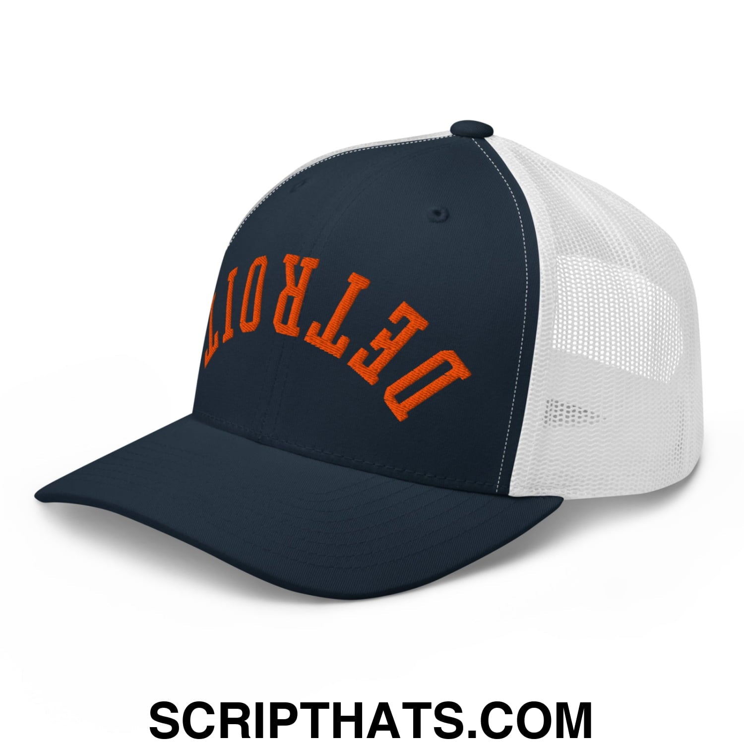 Upside Down Detroit Baseball Embroidered Mesh Trucker Hat Navy White