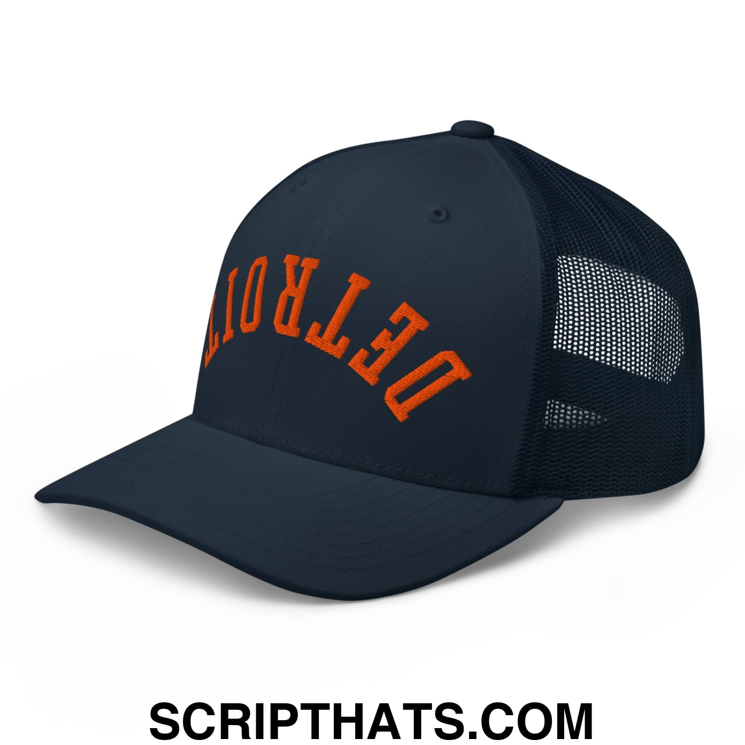 Upside Down Detroit Baseball Embroidered Mesh Trucker Hat Navy