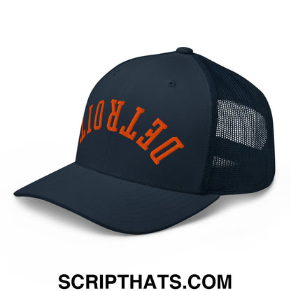 Upside Down Detroit Baseball Embroidered Mesh Trucker Hat Navy
