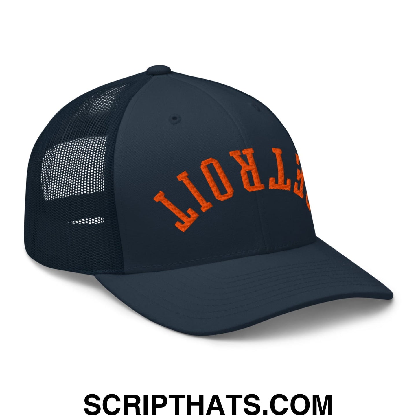 Upside Down Detroit Baseball Embroidered Mesh Trucker Hat Navy