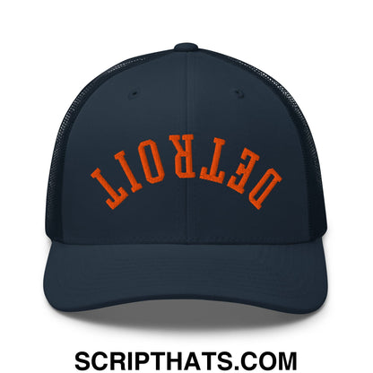 Upside Down Detroit Baseball Embroidered Mesh Trucker Hat Navy