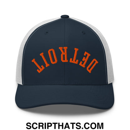Upside Down Detroit Baseball Embroidered Mesh Trucker Hat Navy White