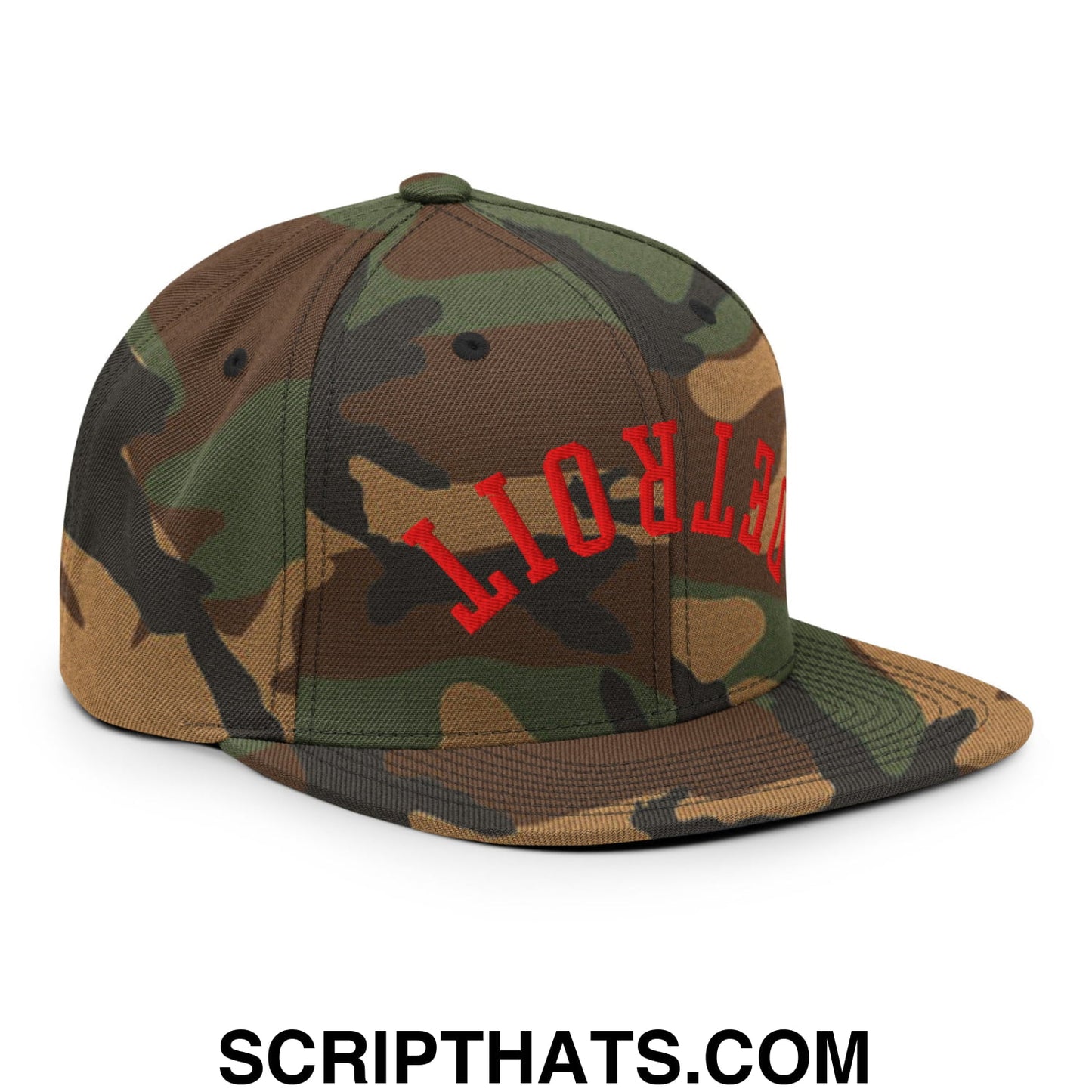 Upside Down Detroit Basketball Embroidered Flat Bill Brim Snapback Hat Green Camo
