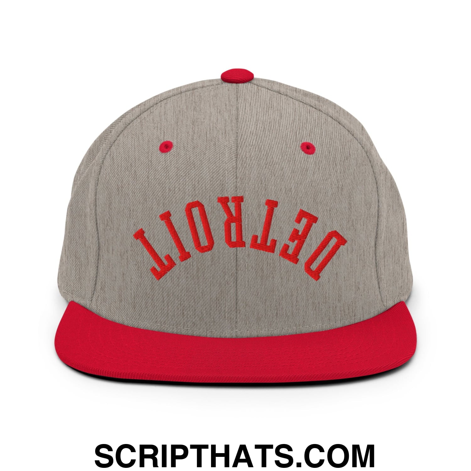 Upside Down Detroit Basketball Embroidered Flat Bill Brim Snapback Hat Heather Grey Red