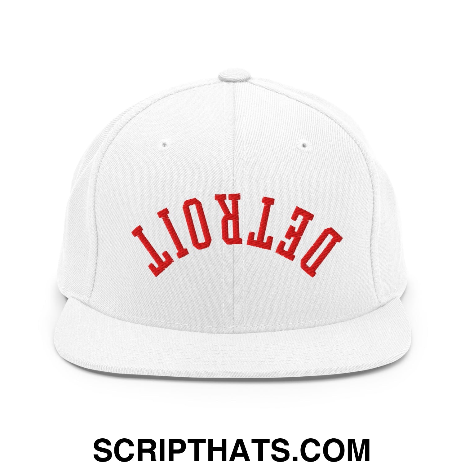 Upside Down Detroit Basketball Embroidered Flat Bill Brim Snapback Hat White