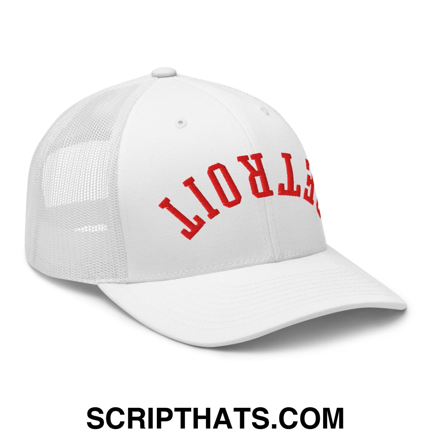 Upside Down Detroit Basketball Embroidered Mesh Trucker Hat White