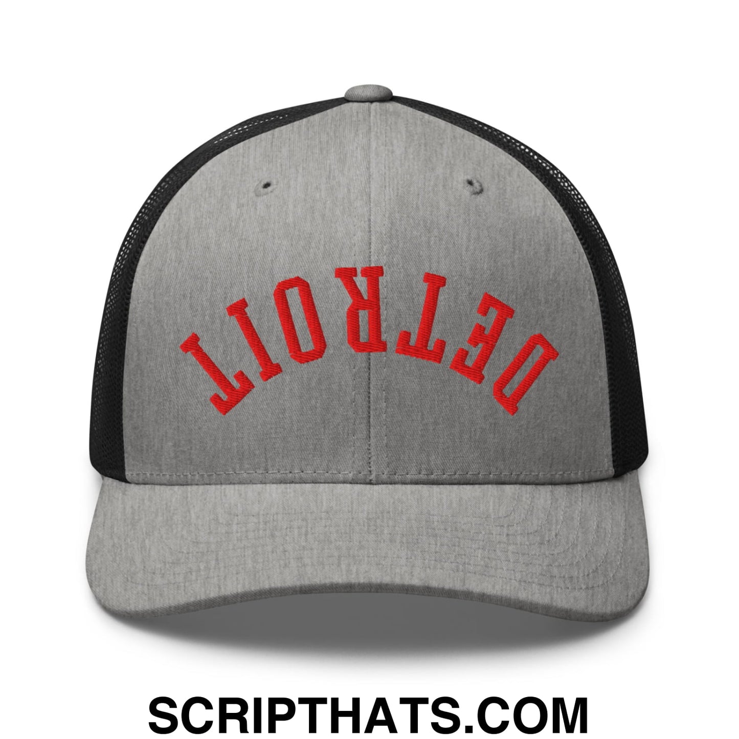 Upside Down Detroit Basketball Embroidered Mesh Trucker Hat Heather Black