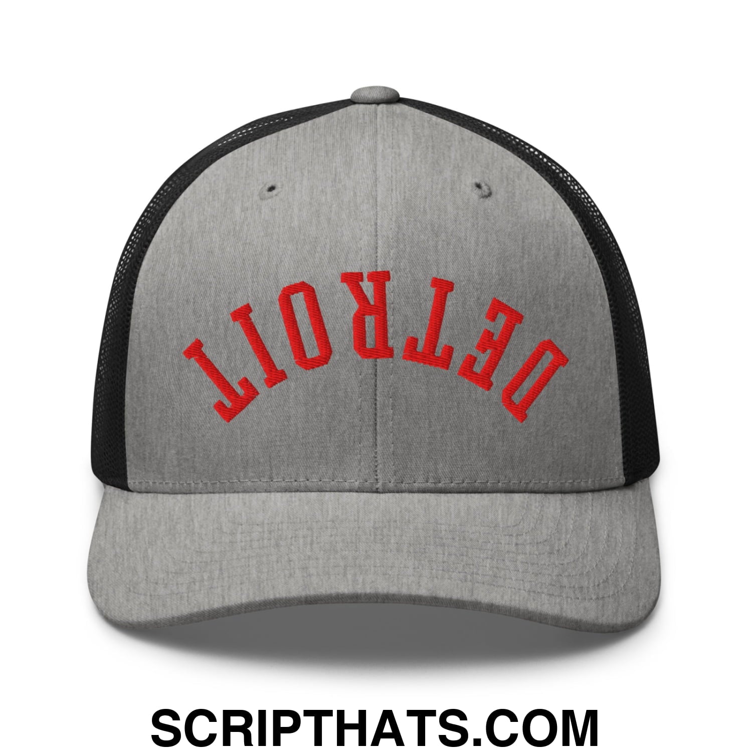 Upside Down Detroit Basketball Embroidered Mesh Trucker Hat Heather Black