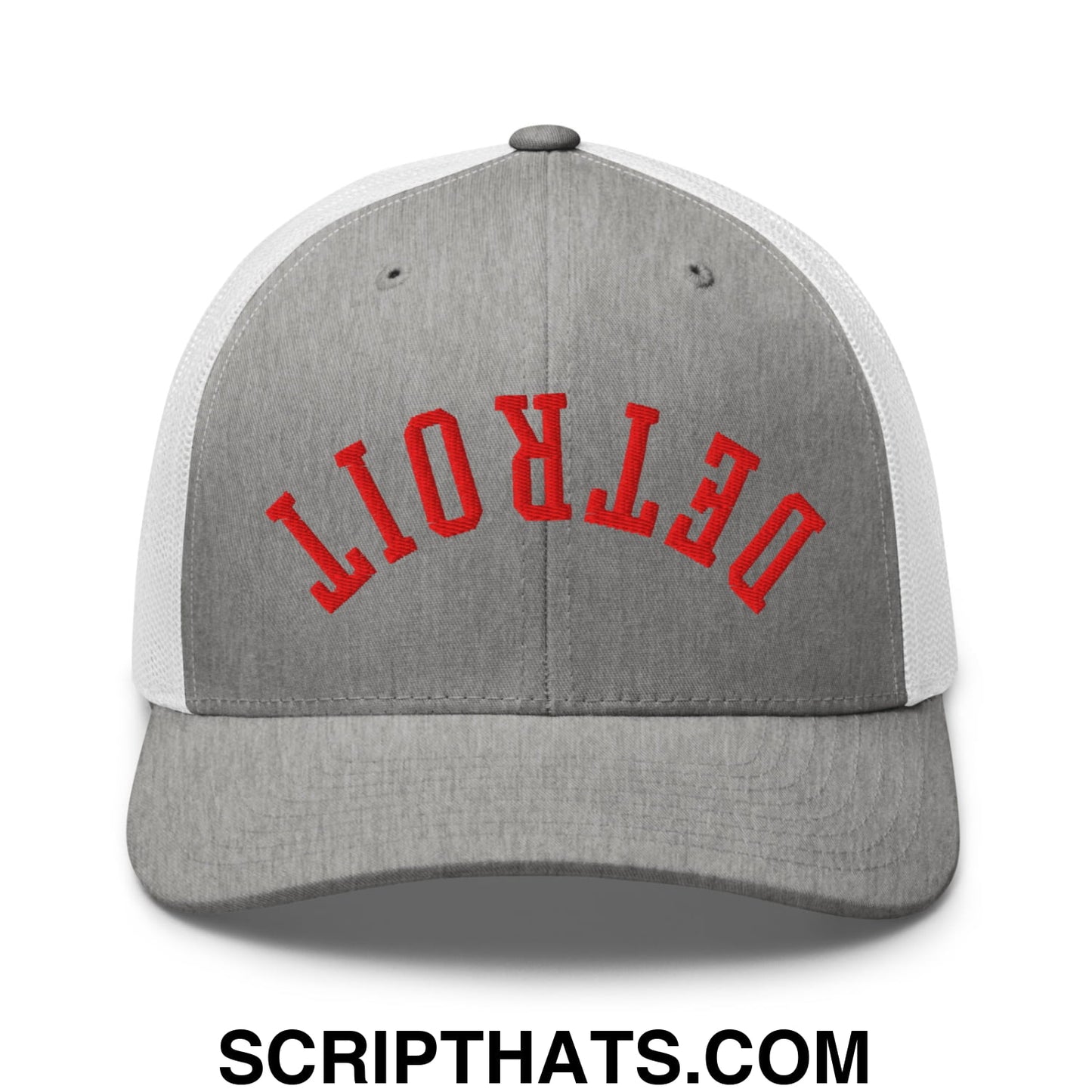 Upside Down Detroit Basketball Embroidered Mesh Trucker Hat Heather Grey White
