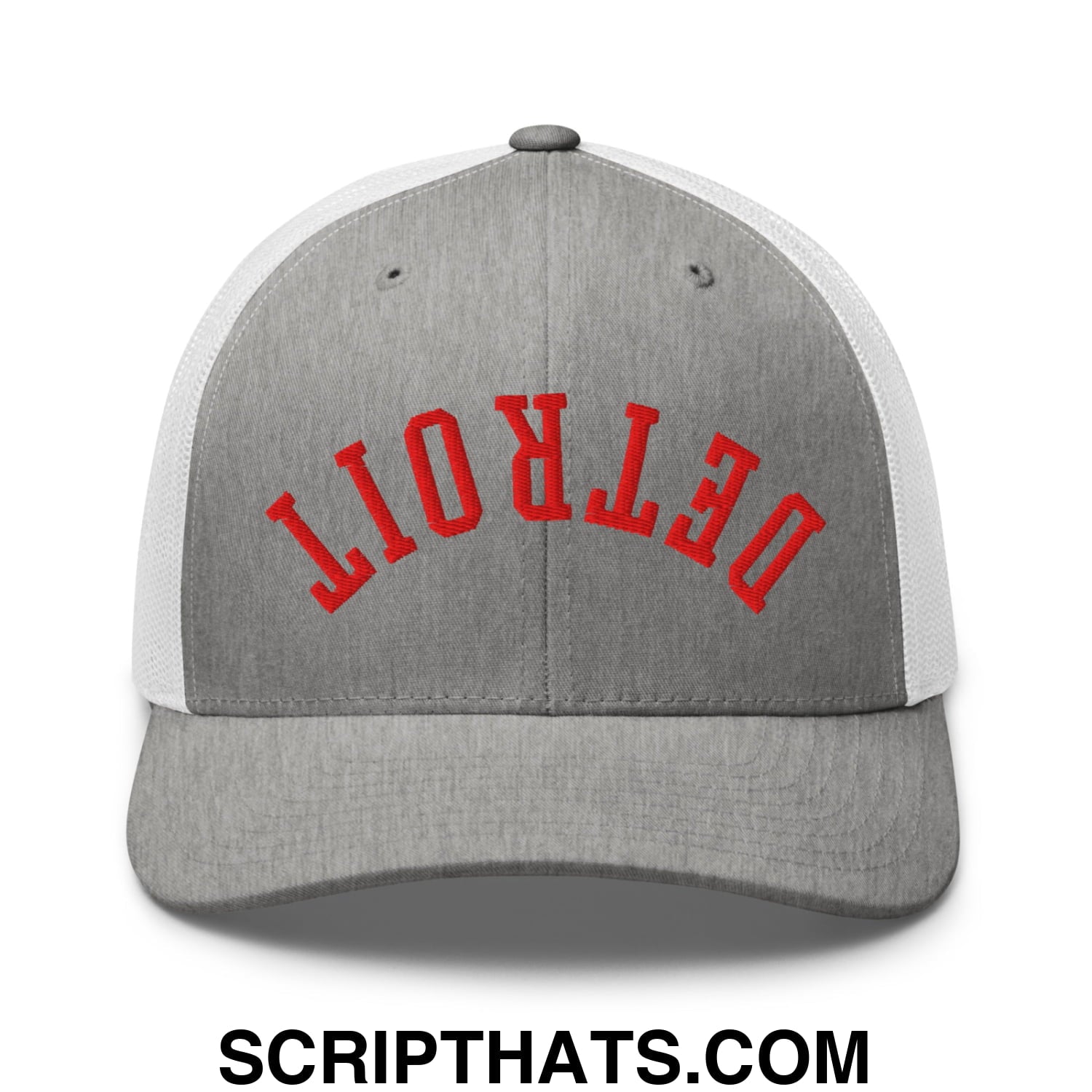 Upside Down Detroit Basketball Embroidered Mesh Trucker Hat Heather Grey White