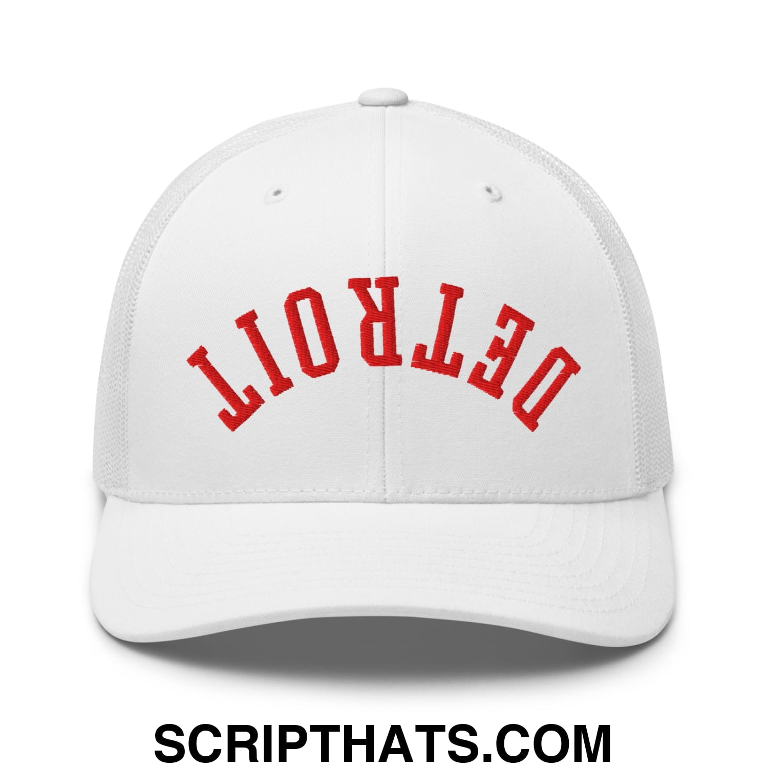 Upside Down Detroit Basketball Embroidered Mesh Trucker Hat White