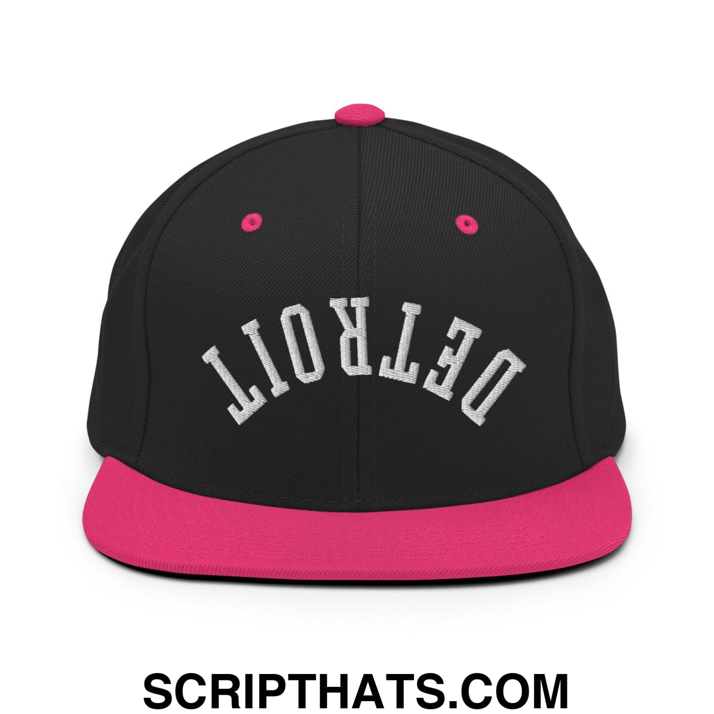 Upside Down Detroit Embroidered Flat Bill Brim Snapback Hat Black Neon Pink