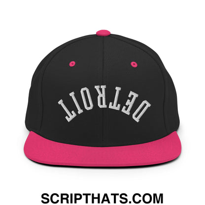 Upside Down Detroit Embroidered Flat Bill Brim Snapback Hat Black Neon Pink