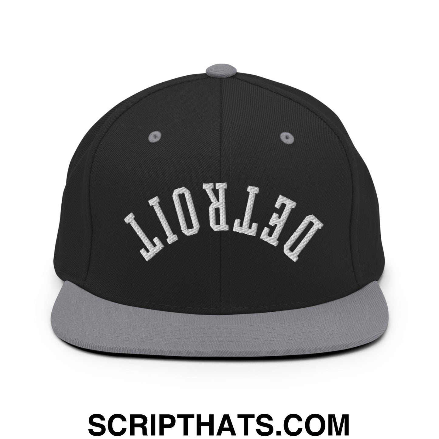 Upside Down Detroit Embroidered Flat Bill Brim Snapback Hat Black Silver