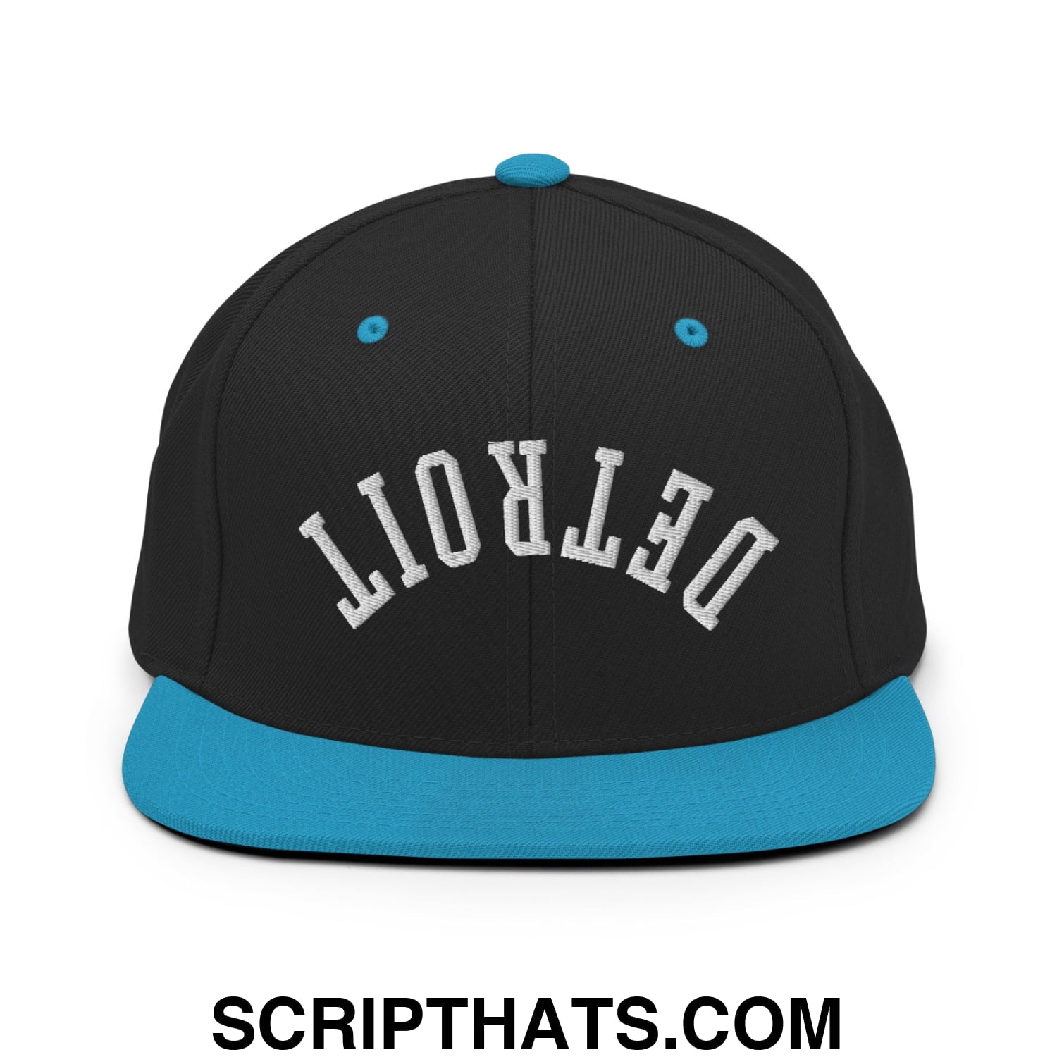 Upside Down Detroit Embroidered Flat Bill Brim Snapback Hat Black Teal