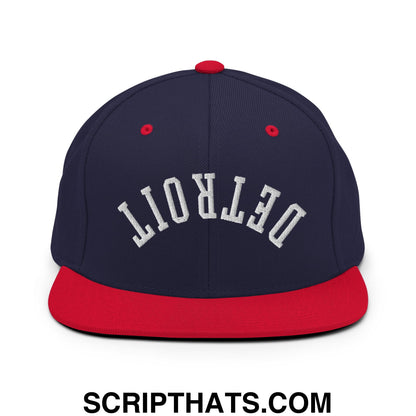 Upside Down Detroit Embroidered Flat Bill Brim Snapback Hat Navy Red