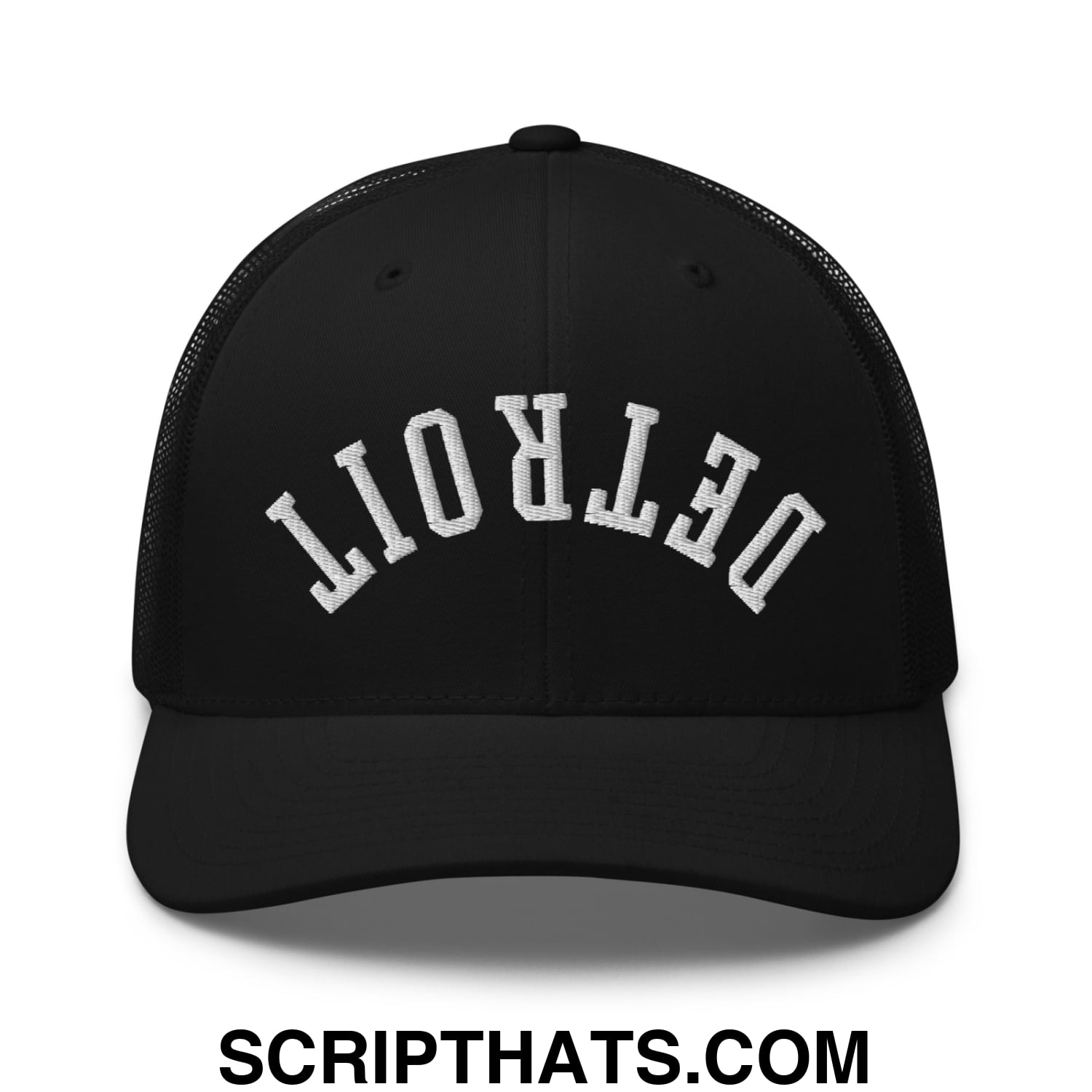 Upside Down Detroit Embroidered Mesh Trucker Hat Black