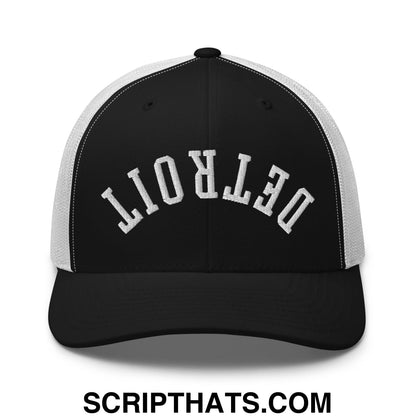 Upside Down Detroit Embroidered Mesh Trucker Hat Black White