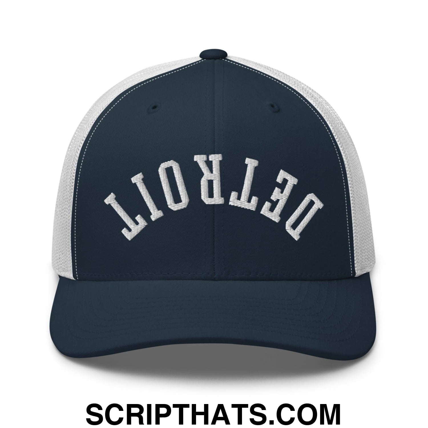 Upside Down Detroit Embroidered Mesh Trucker Hat Navy White