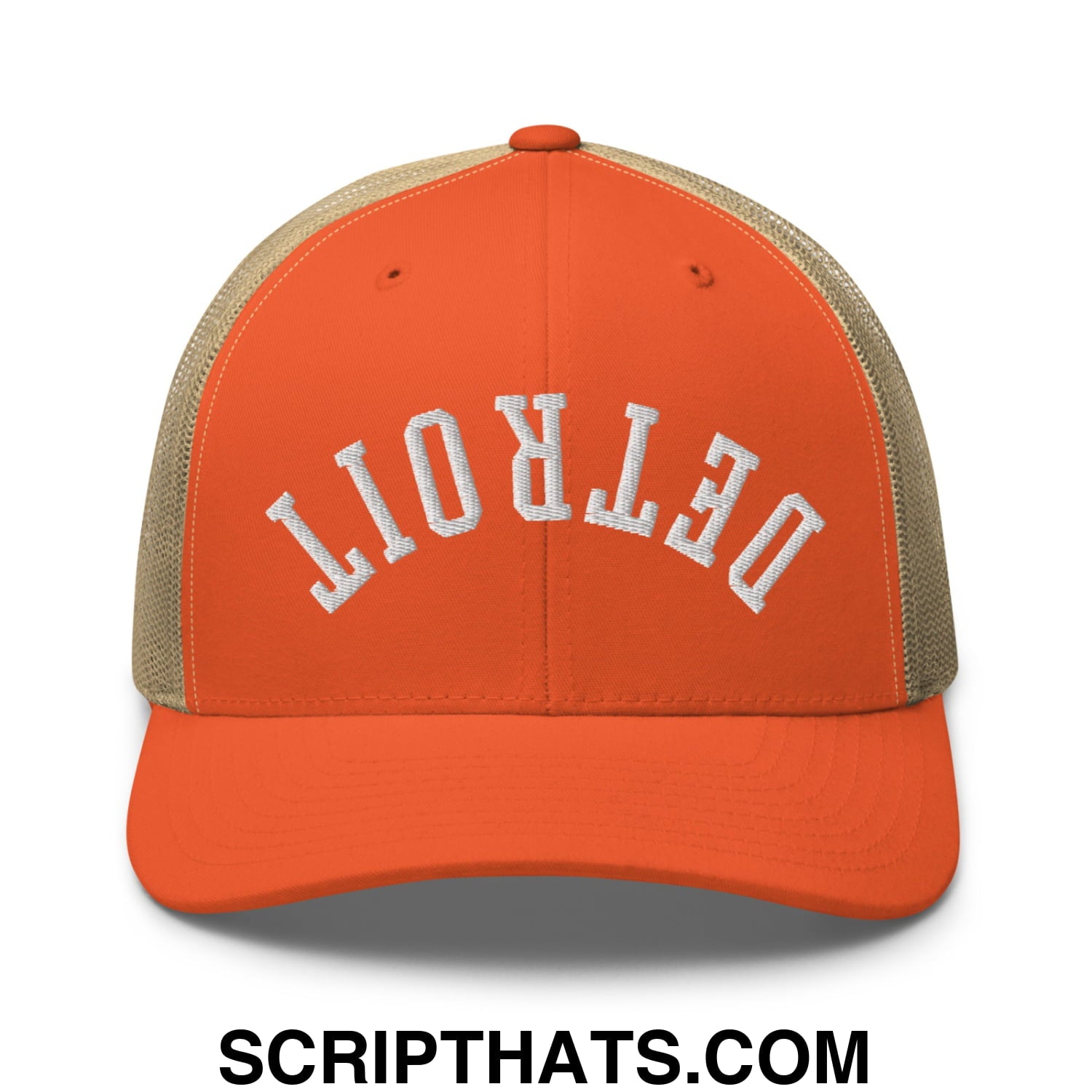 Upside Down Detroit Embroidered Mesh Trucker Hat Rustic Orange Khaki