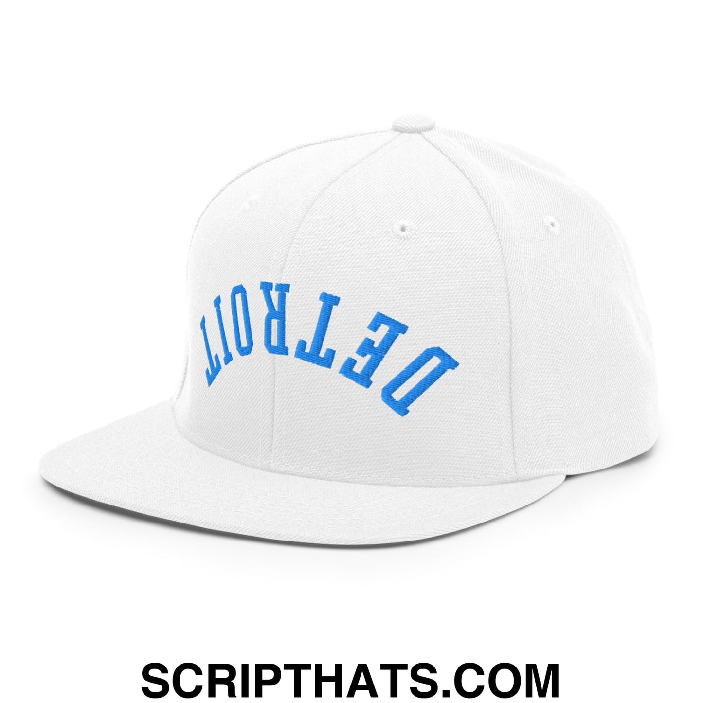 Upside Down Detroit Football Embroidered Flat Bill Brim Snapback Hat White