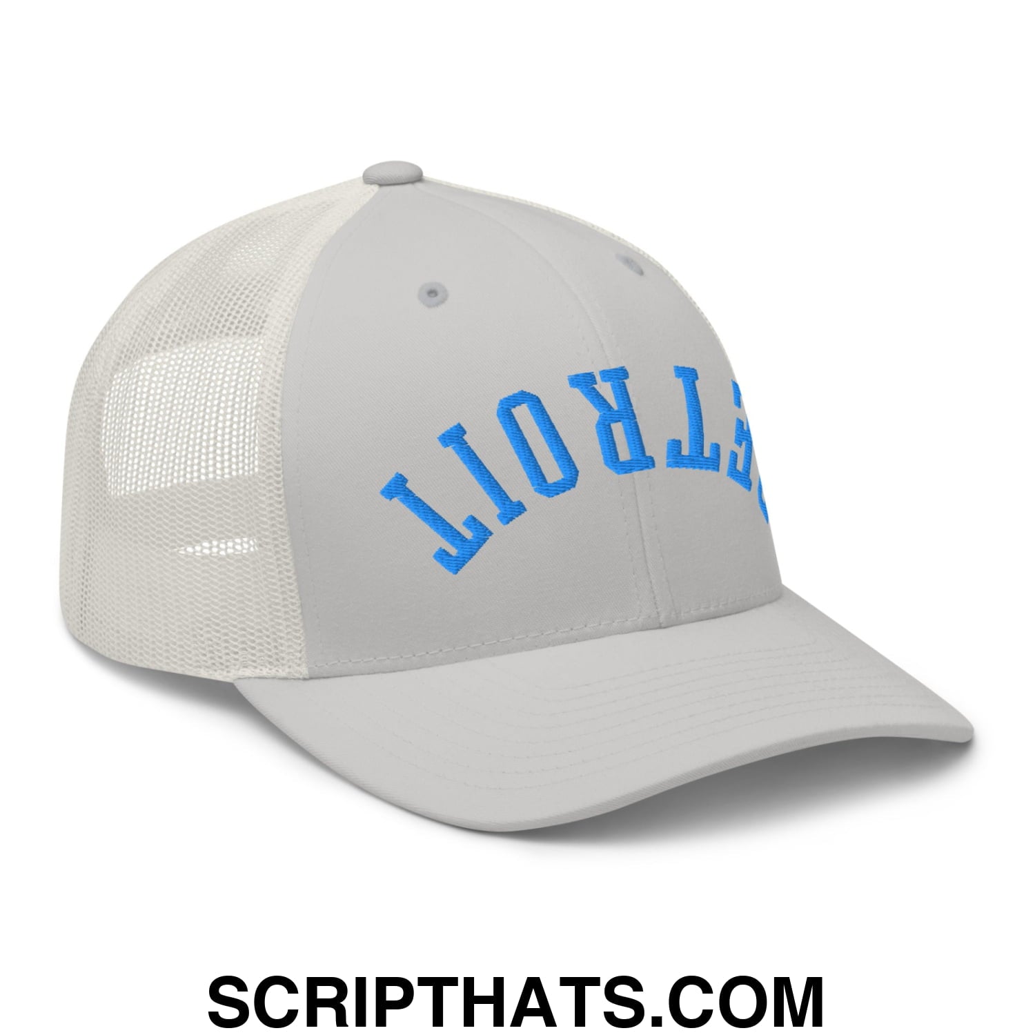 Upside Down Detroit Football Embroidered Mesh Trucker Hat Silver