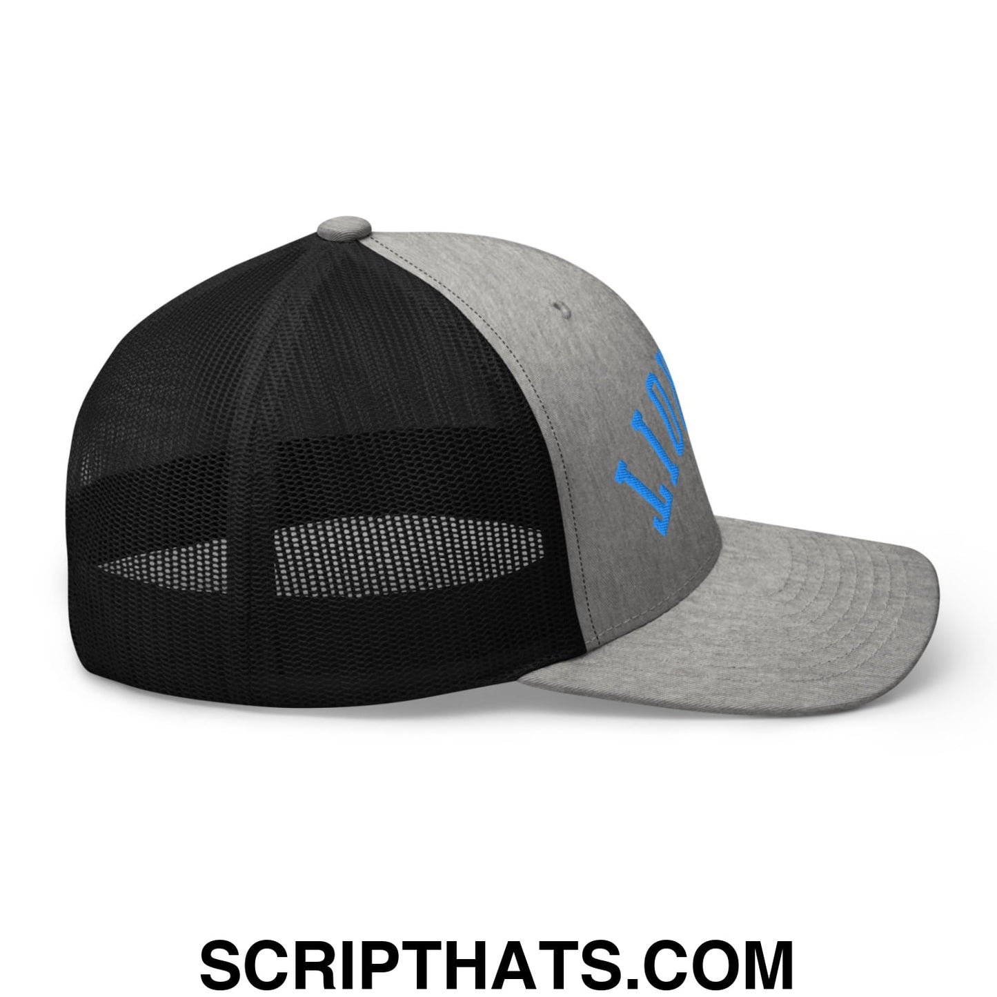 Upside Down Detroit Football Embroidered Mesh Trucker Hat Heather Black