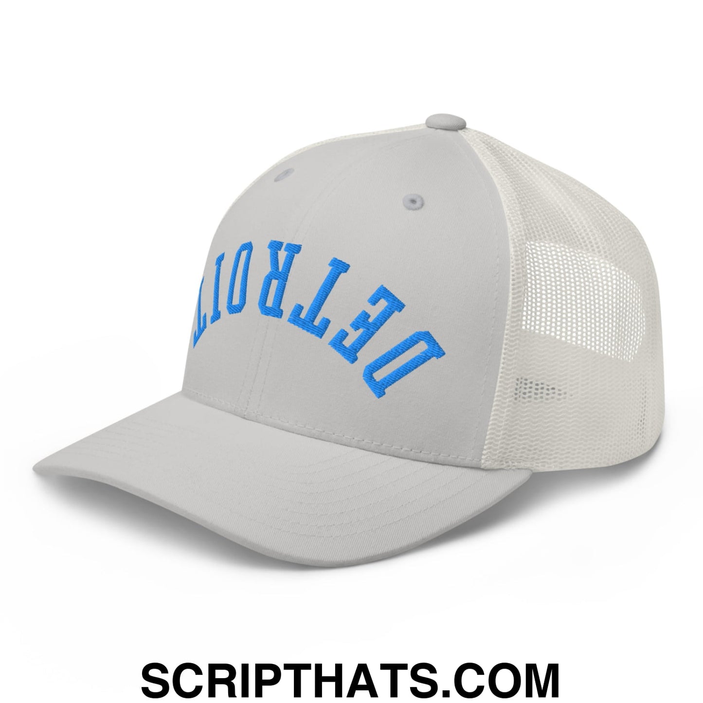 Upside Down Detroit Football Embroidered Mesh Trucker Hat Silver