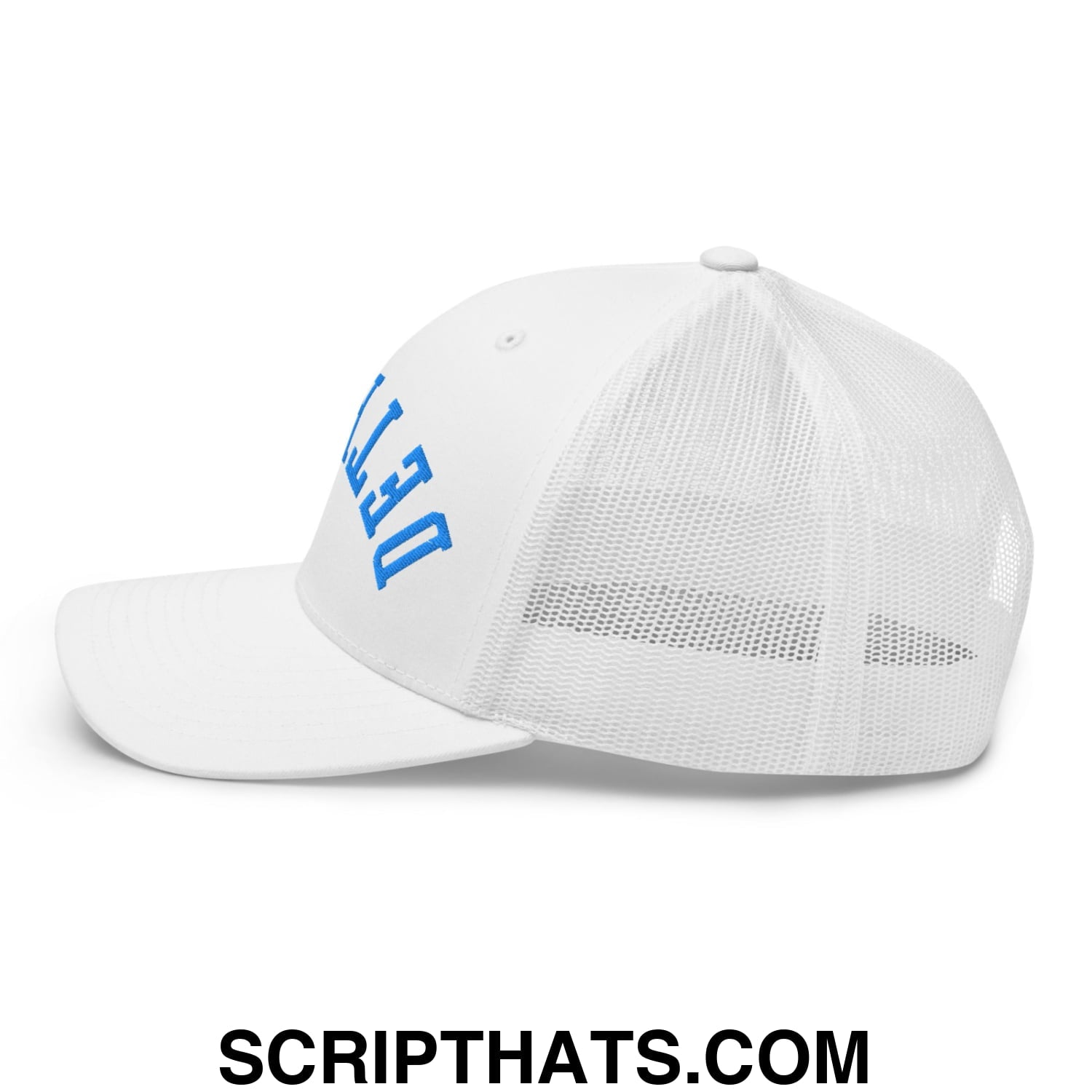 Upside Down Detroit Football Embroidered Mesh Trucker Hat White