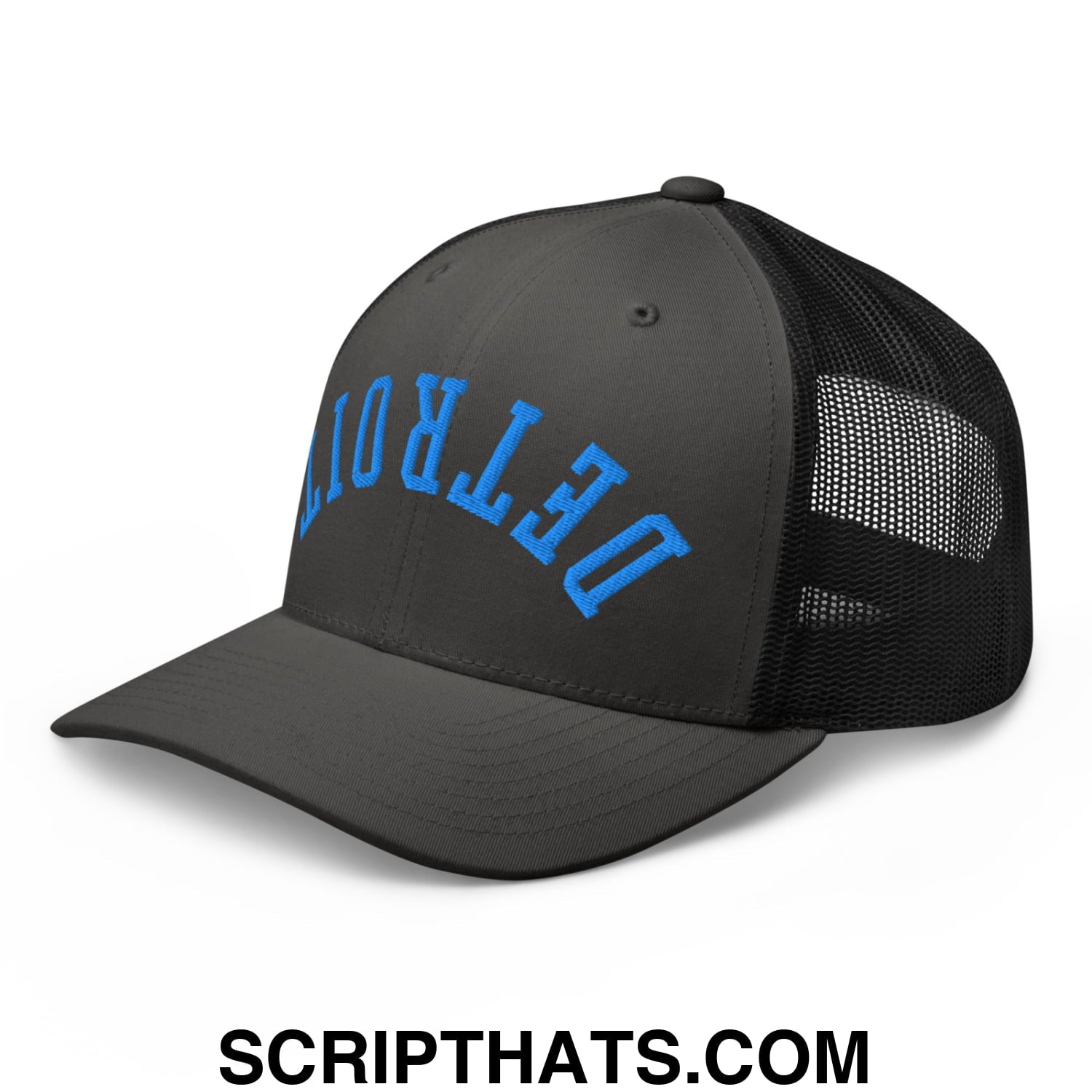 Upside Down Detroit Football Embroidered Mesh Trucker Hat Charcoal Black