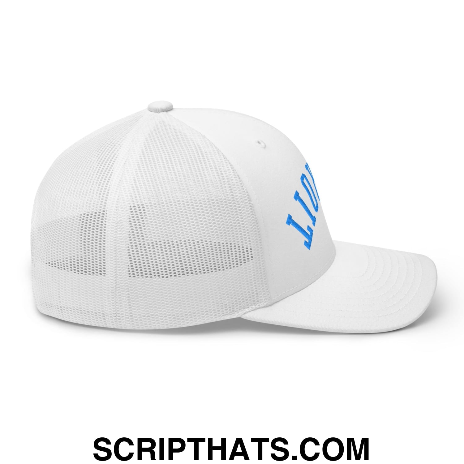 Upside Down Detroit Football Embroidered Mesh Trucker Hat White