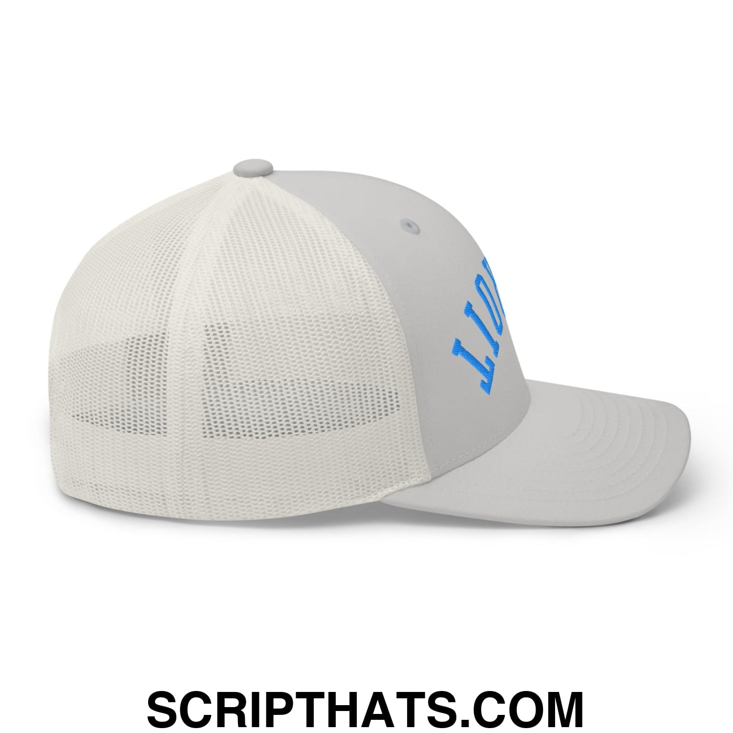 Upside Down Detroit Football Embroidered Mesh Trucker Hat Silver