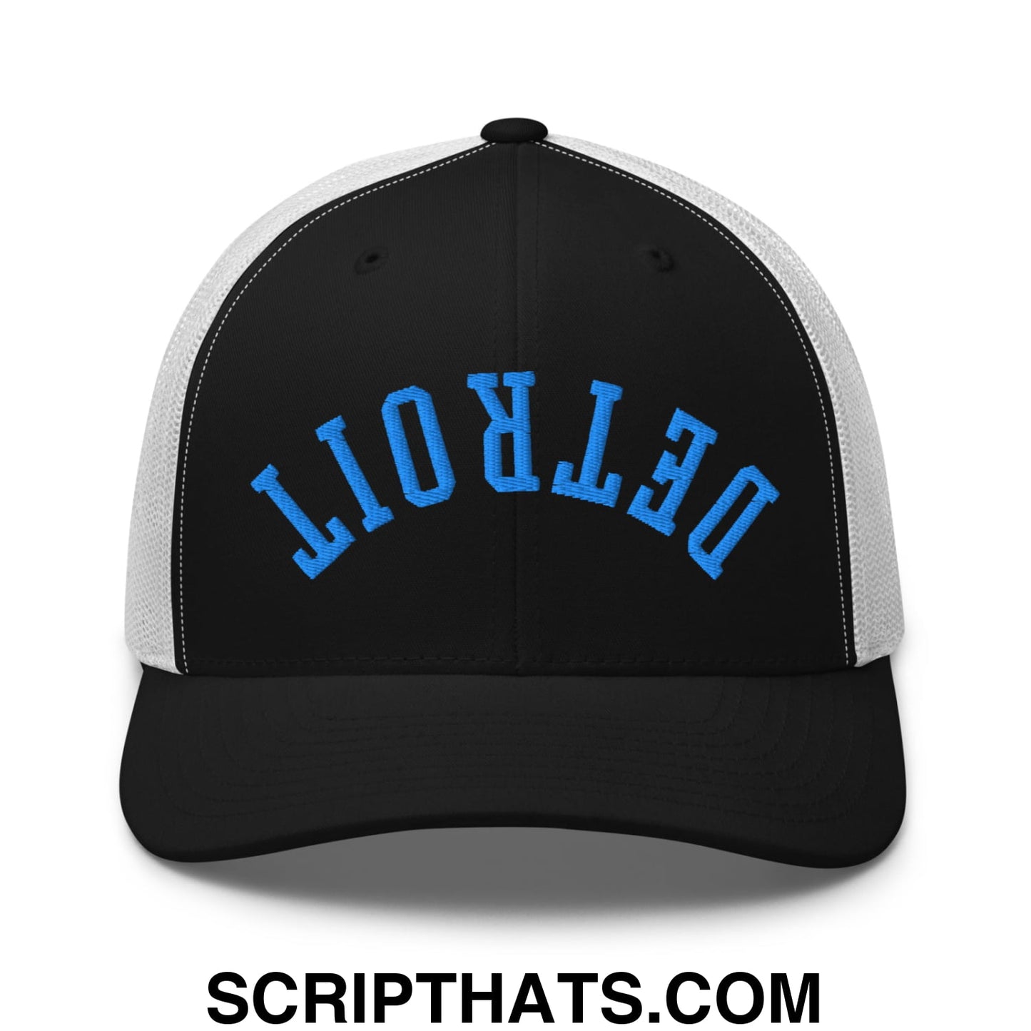 Upside Down Detroit Football Embroidered Mesh Trucker Hat Black White