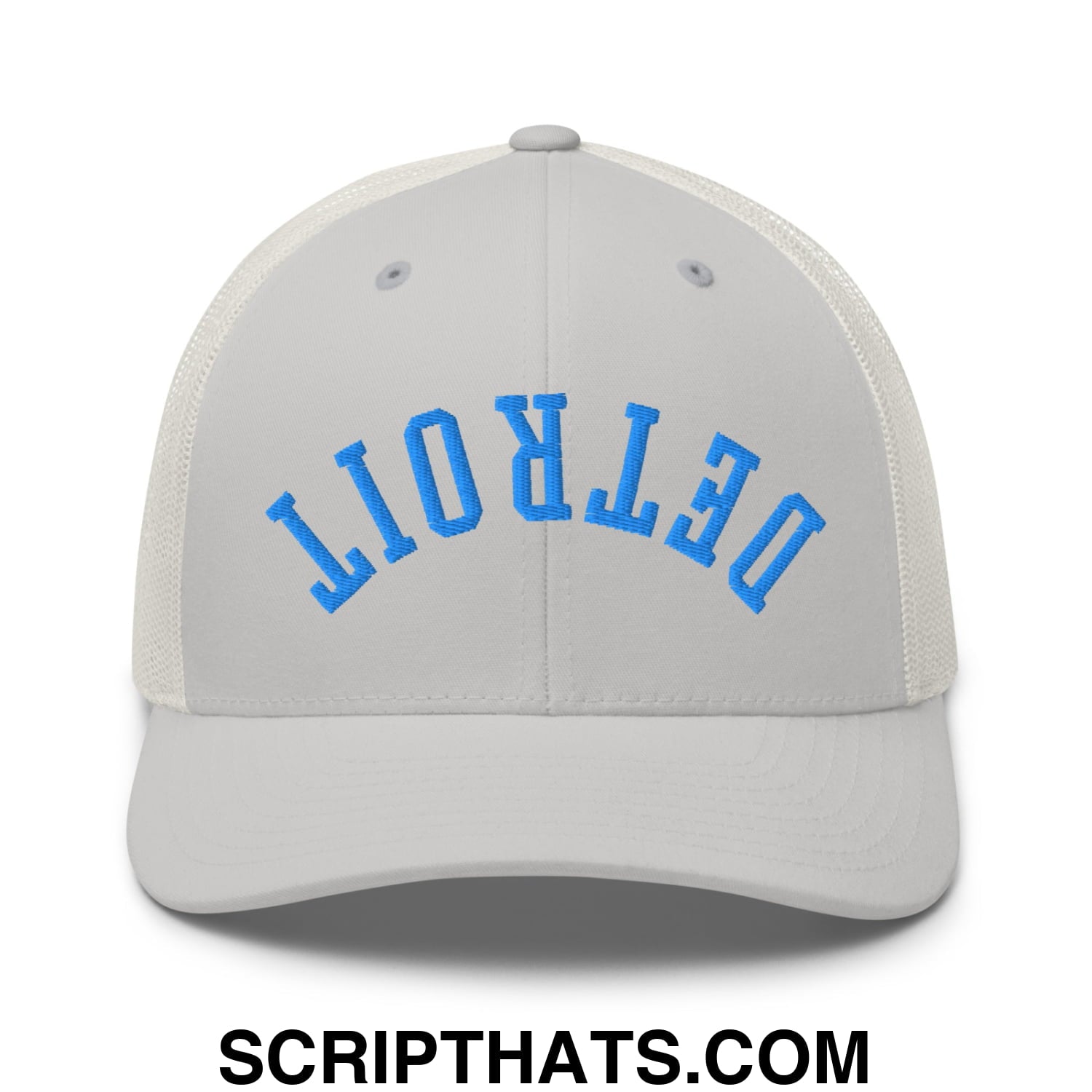 Upside Down Detroit Football Embroidered Mesh Trucker Hat Silver