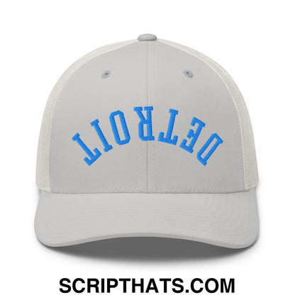 Upside Down Detroit Football Embroidered Mesh Trucker Hat Silver