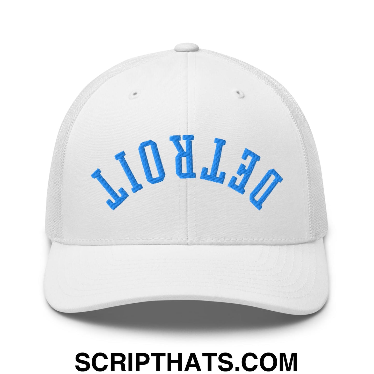Upside Down Detroit Football Embroidered Mesh Trucker Hat White