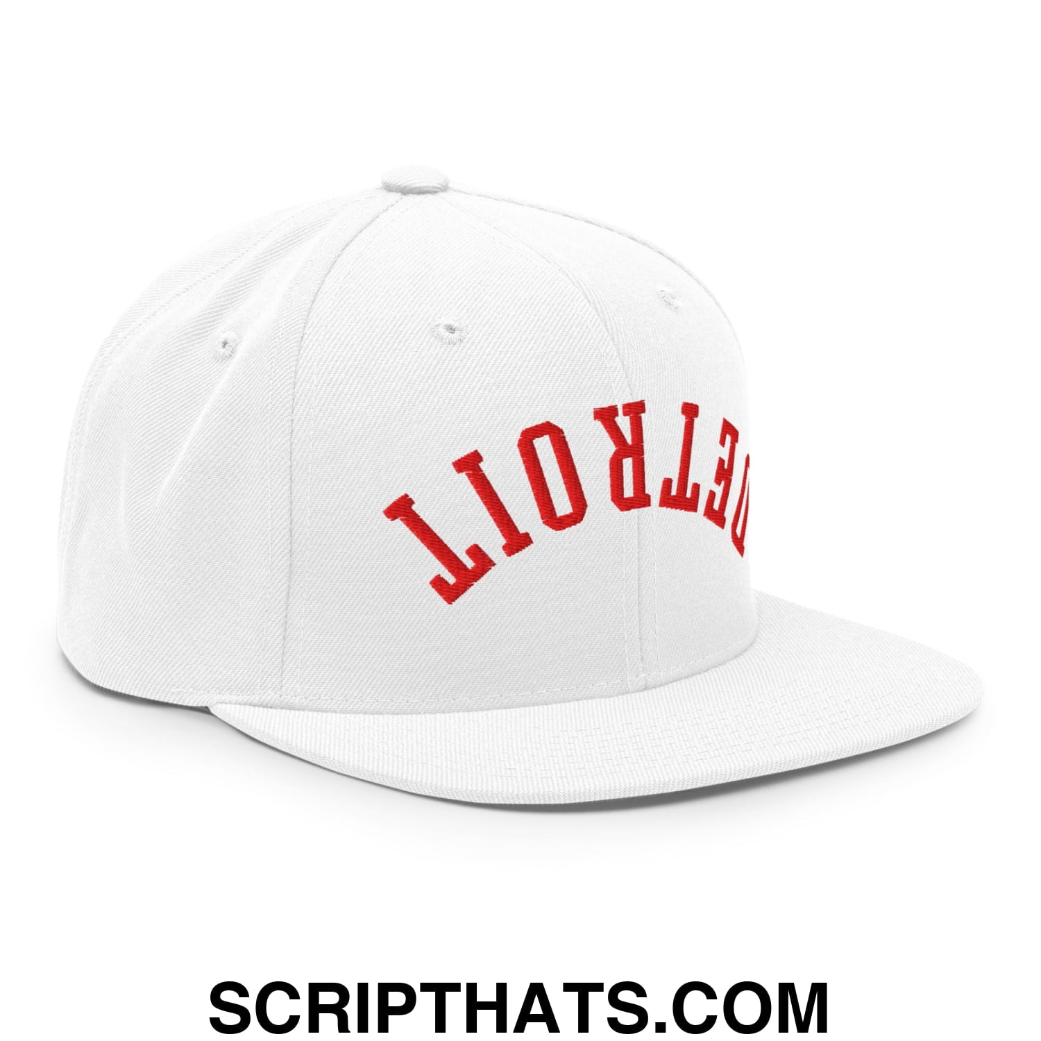 Upside Down Detroit Hockey Embroidered Flat Bill Brim Snapback Hat White