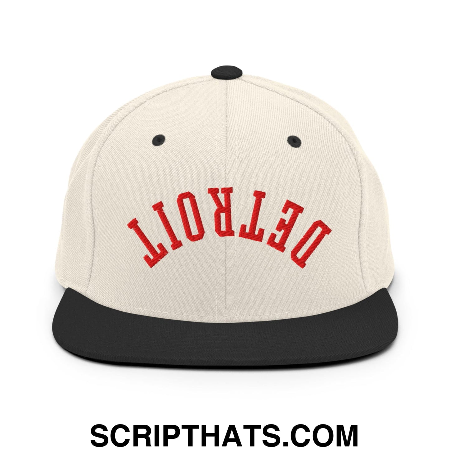 Upside Down Detroit Hockey Embroidered Flat Bill Brim Snapback Hat Natural Black