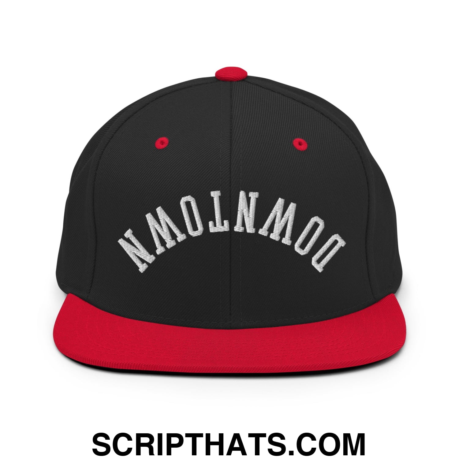 Upside Down Downtown Embroidered Flat Bill Brim Snapback Hat Black Red