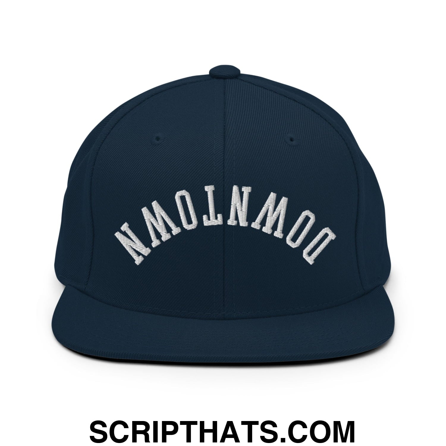 Upside Down Downtown Embroidered Flat Bill Brim Snapback Hat Dark Navy
