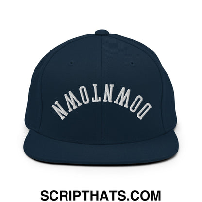 Upside Down Downtown Embroidered Flat Bill Brim Snapback Hat Dark Navy