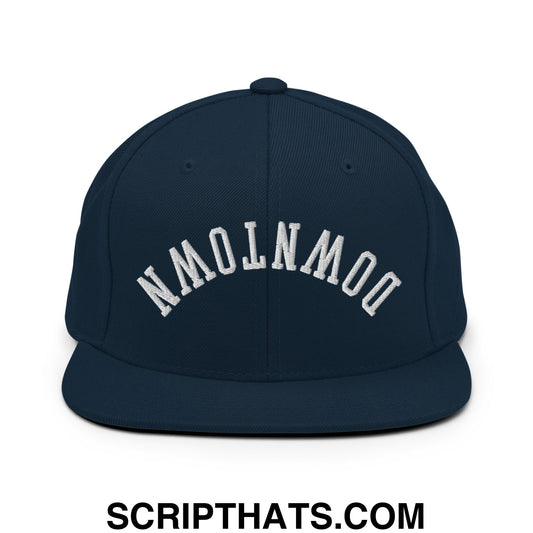 Upside Down Downtown Embroidered Flat Bill Brim Snapback Hat Dark Navy