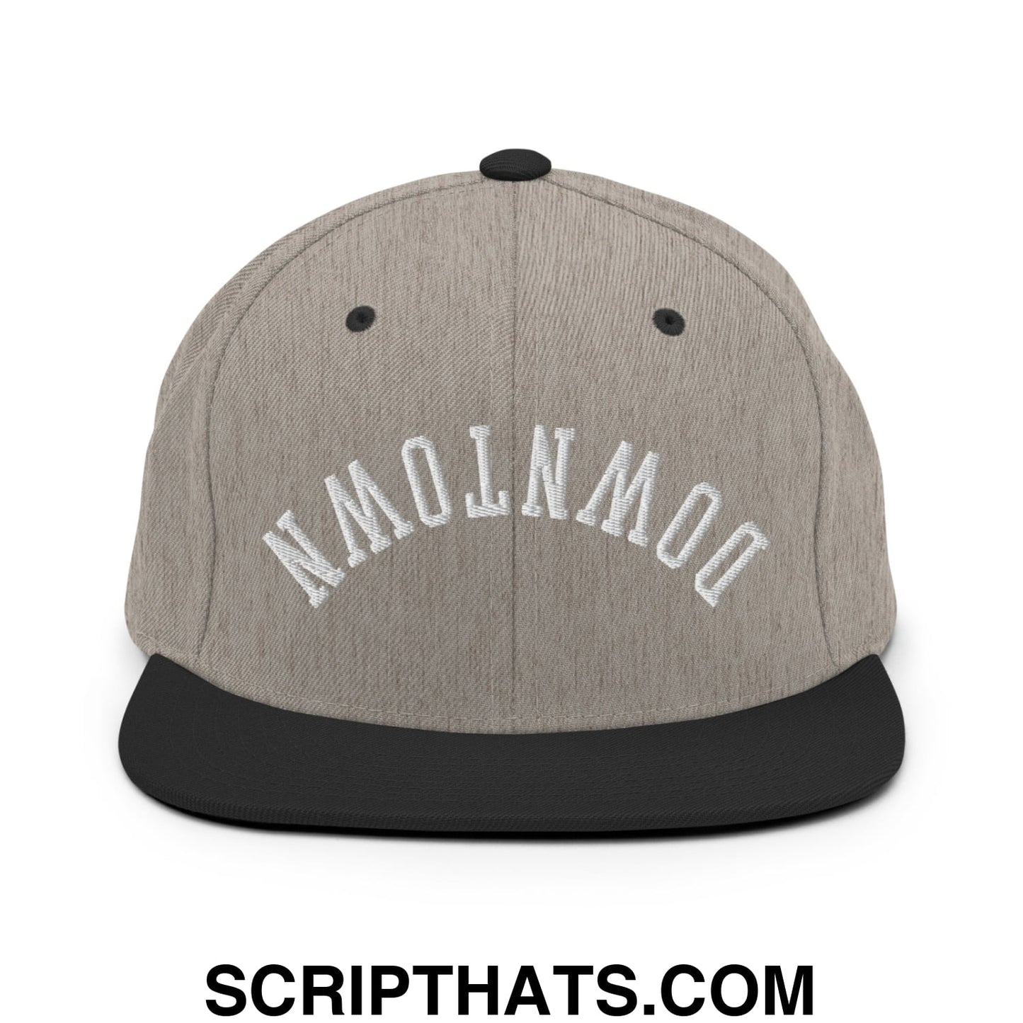 Upside Down Downtown Embroidered Flat Bill Brim Snapback Hat Heather Black