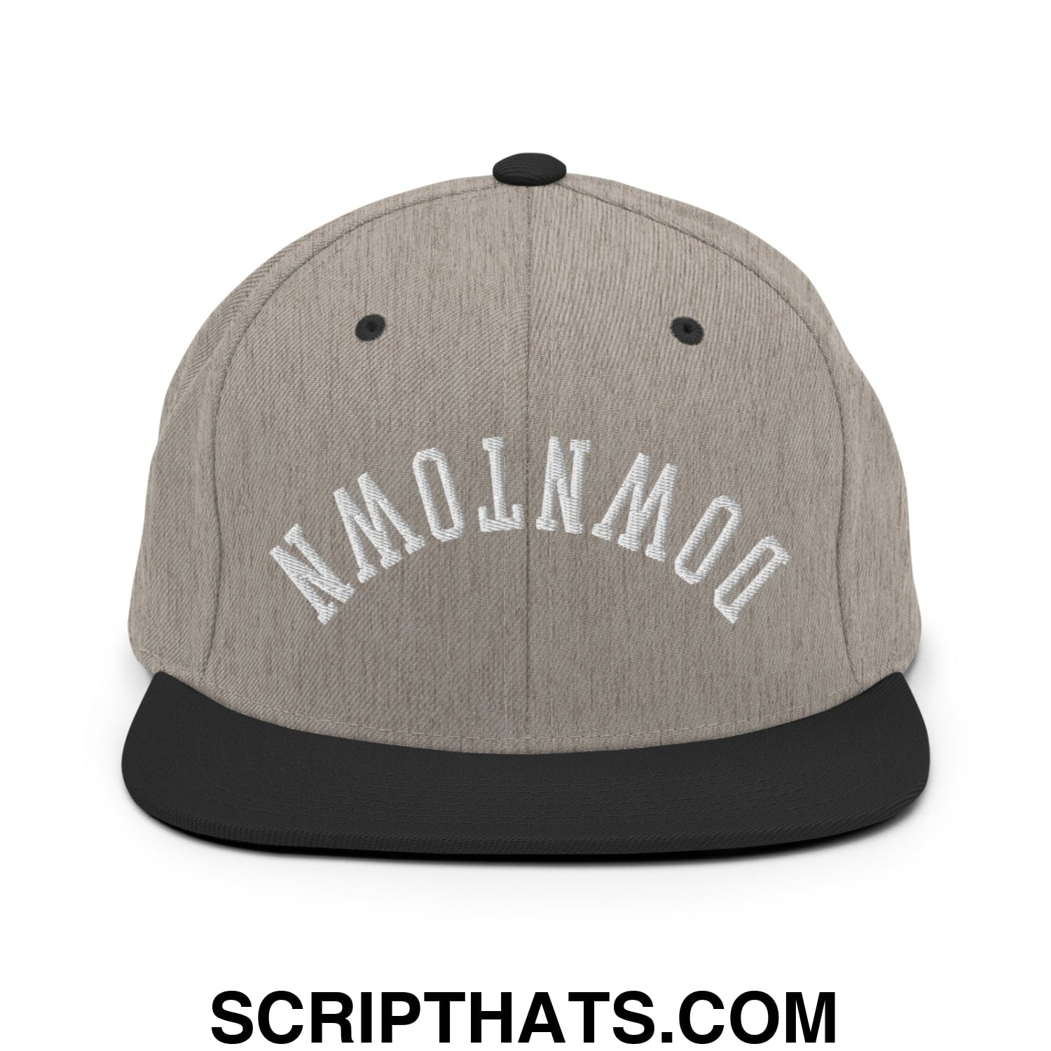 Upside Down Downtown Embroidered Flat Bill Brim Snapback Hat Heather Black