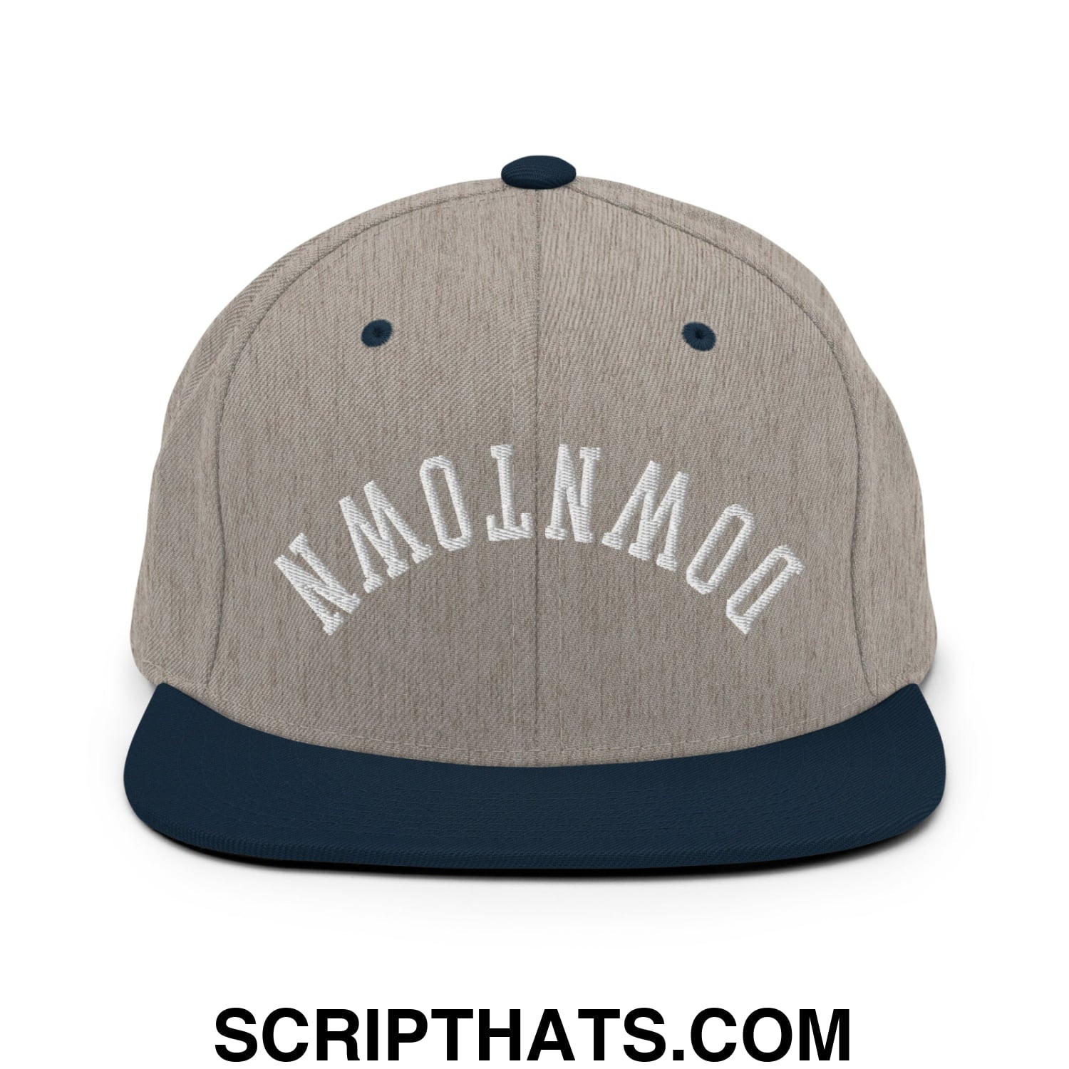 Upside Down Downtown Embroidered Flat Bill Brim Snapback Hat Heather Grey Navy