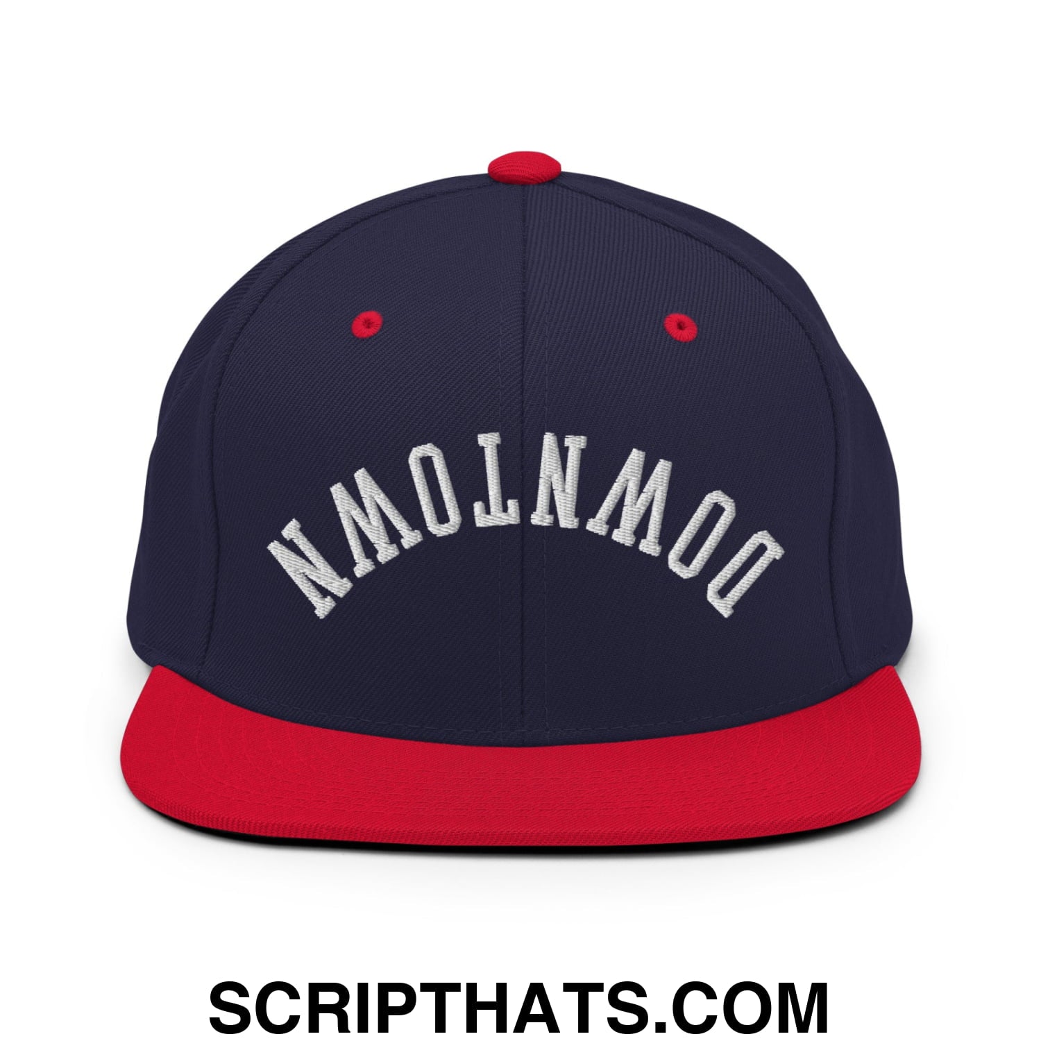 Upside Down Downtown Embroidered Flat Bill Brim Snapback Hat Navy Red