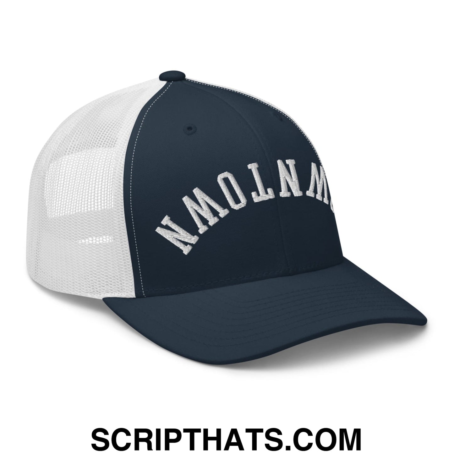 Upside Down Downtown Embroidered Mesh Trucker Hat Navy White