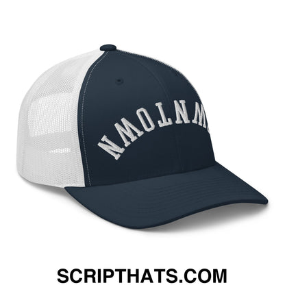 Upside Down Downtown Embroidered Mesh Trucker Hat Navy White