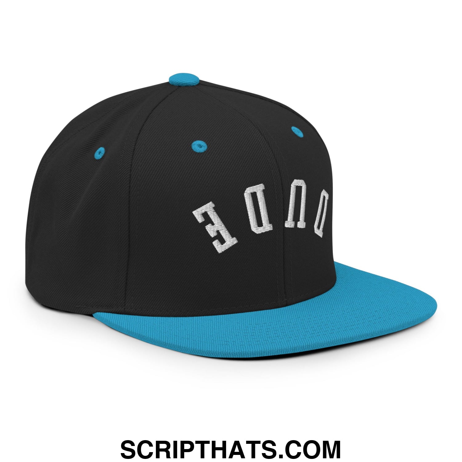 Black snapback cap with teal flat brim and button featuring white embroidered done lettering in an arched design