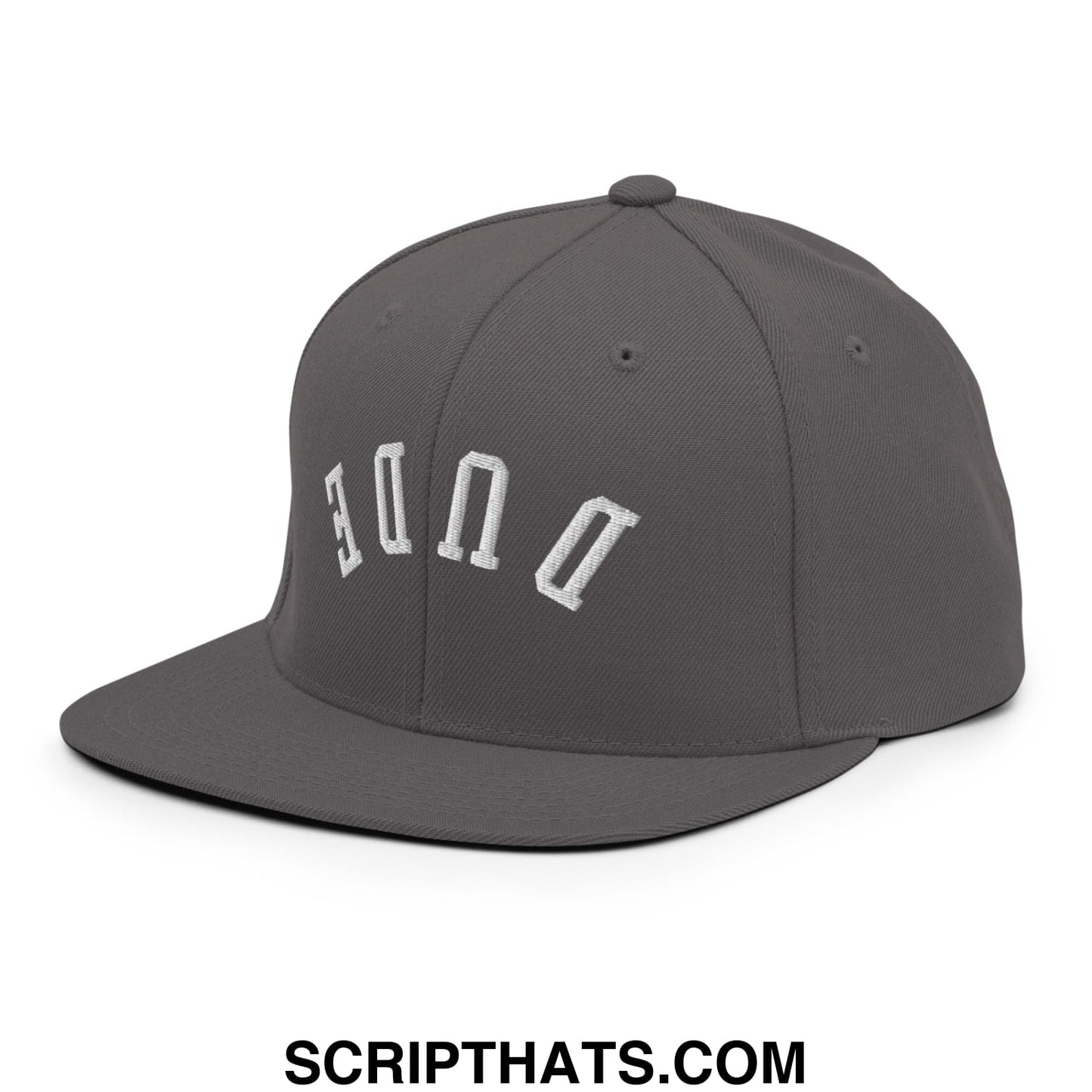 Gray snapback cap with white embroidered dune lettering in an arched design featuring a flat bill brim